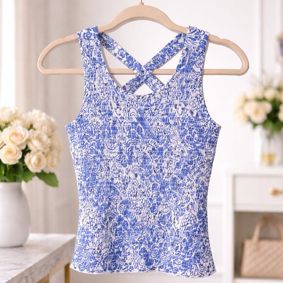 Tommy Hilfiger Blue White Smocked Cross Back Tank Top Size S NEW - Picture 4 of 11